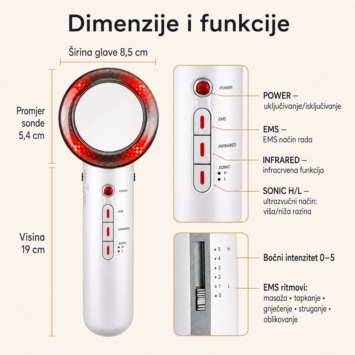 GlowLift Pro™ – dimenzije uređaja i pregled funkcija – GlowLift Pro detalj