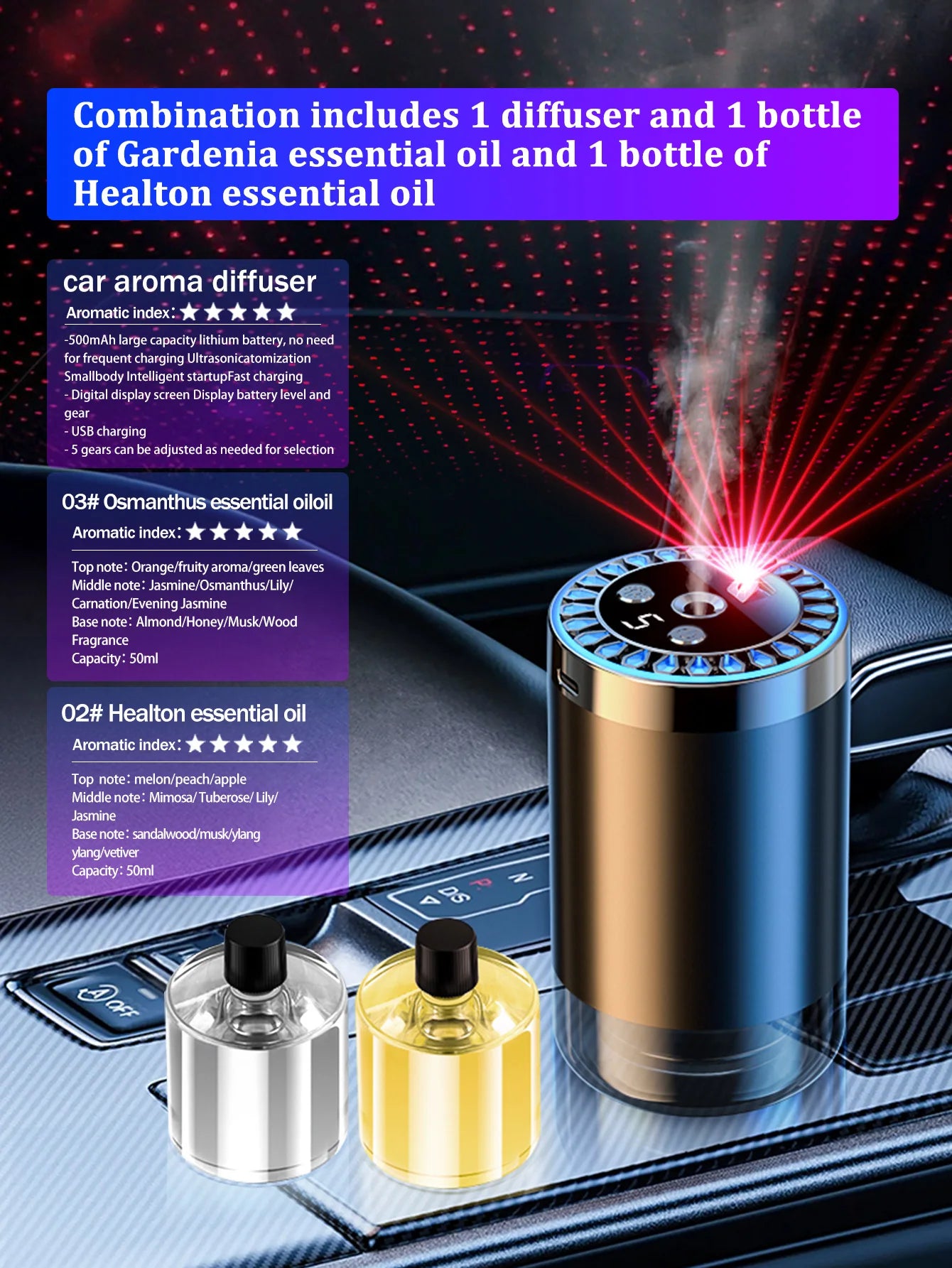 Aromaterapijska Lampa Zvjezdano Nebo - Auto Difuzor s 5 Eteričnih Ulja