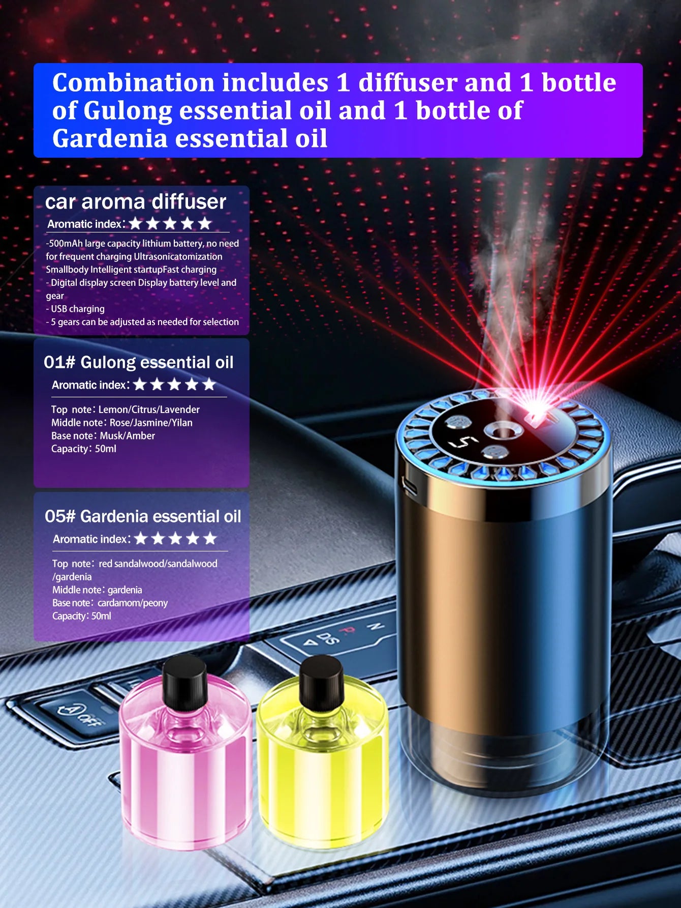 Aromaterapijska Lampa Zvjezdano Nebo - Auto Difuzor s 5 Eteričnih Ulja