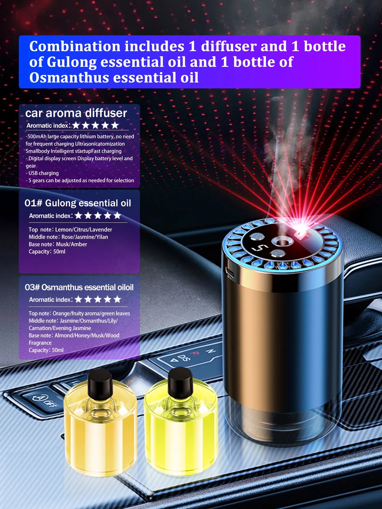 Aromaterapijska Lampa Zvjezdano Nebo - Auto Difuzor s 5 Eteričnih Ulja