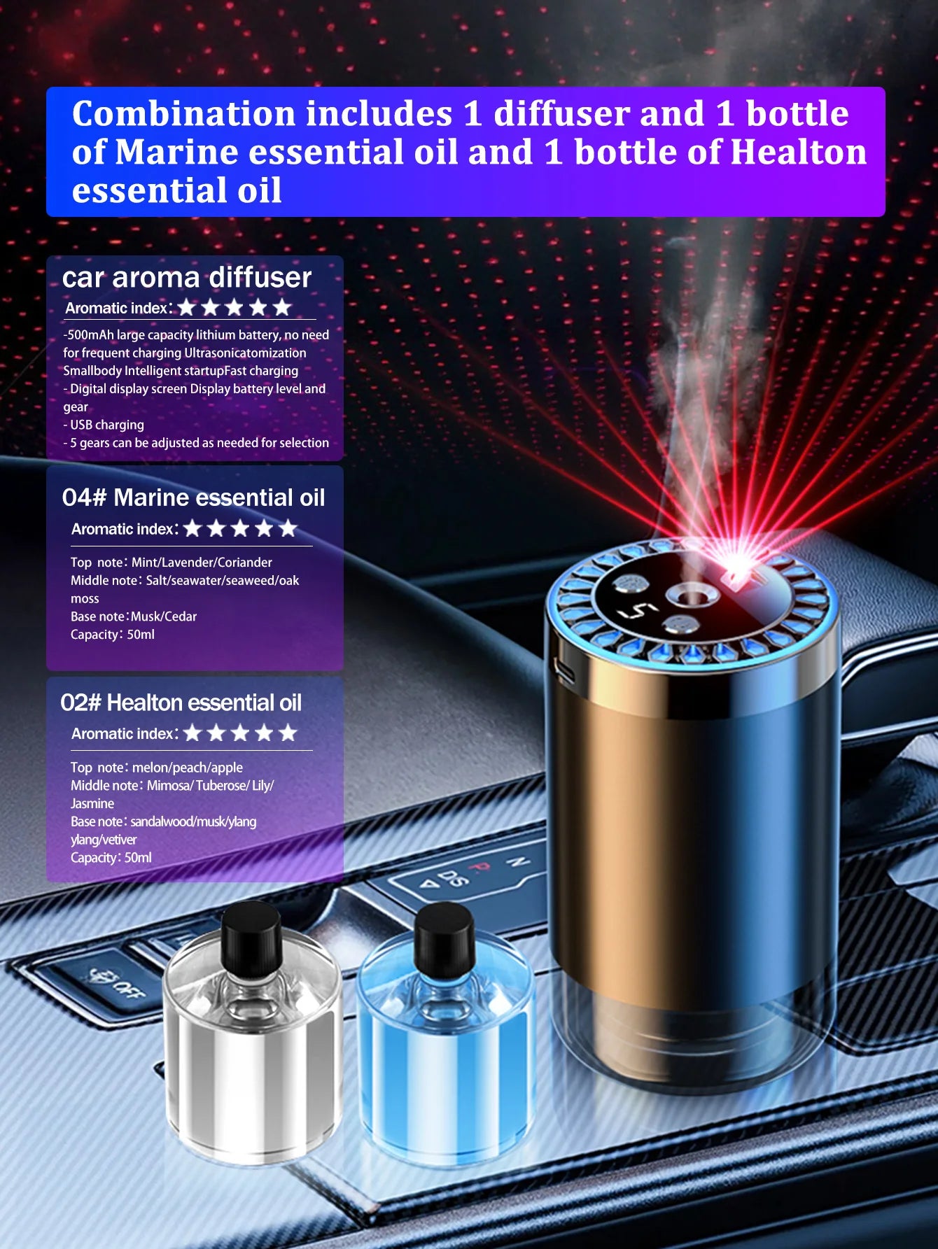 Aromaterapijska Lampa Zvjezdano Nebo - Auto Difuzor s 5 Eteričnih Ulja