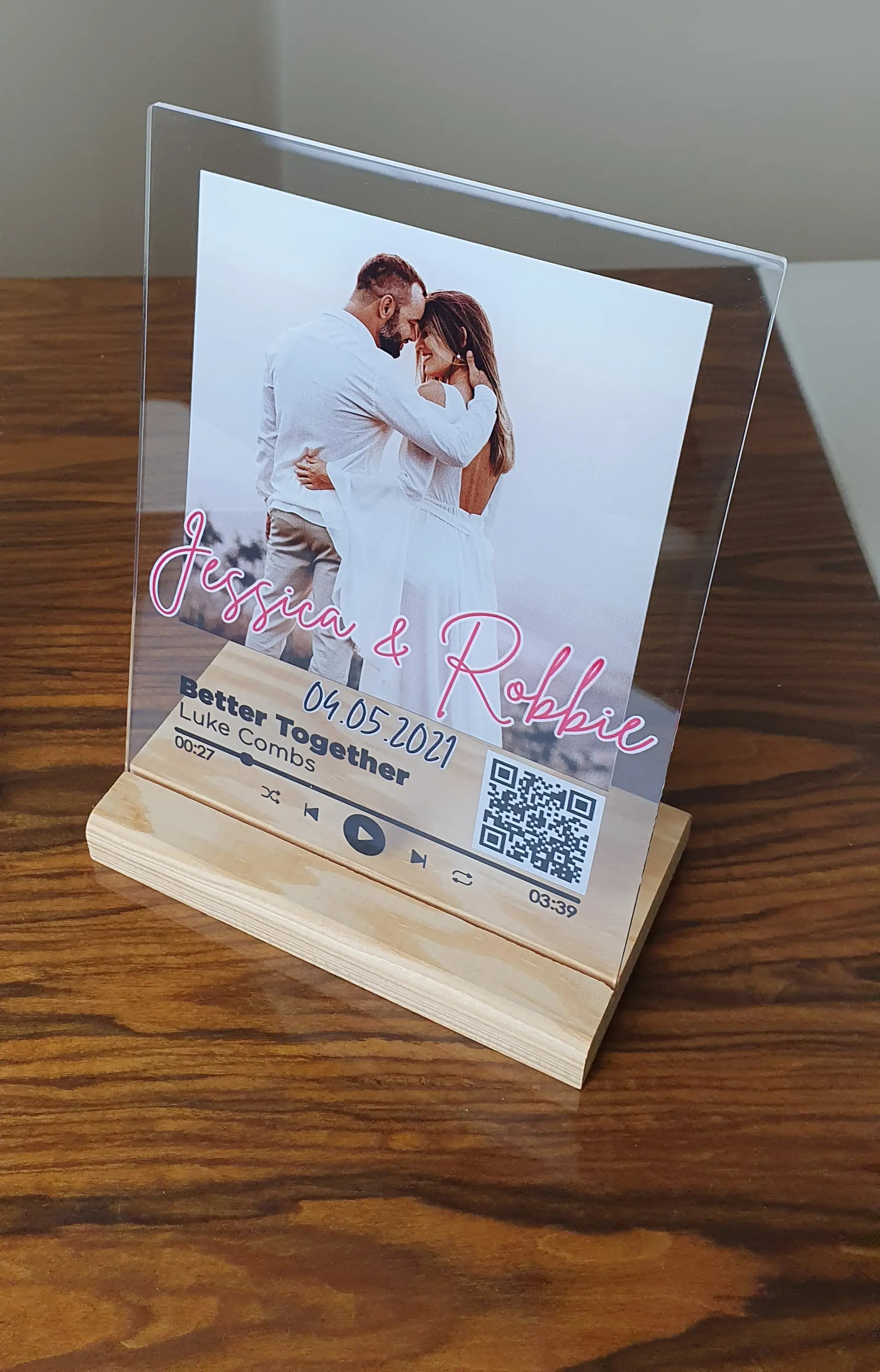Personalized Spotify song plaque with custom music glass art and wooden stand