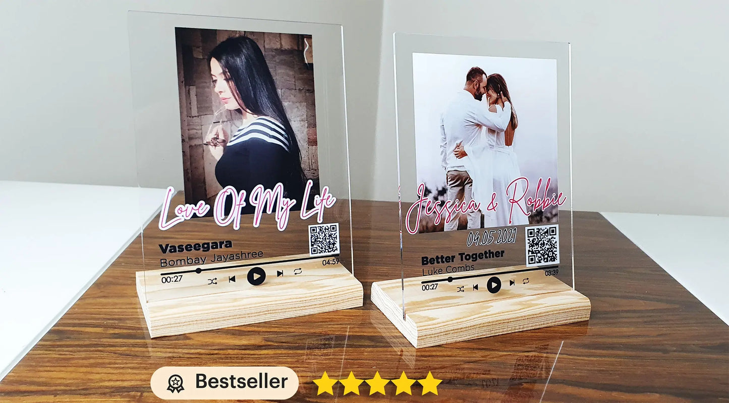 Personalized Spotify song plaque with custom music glass art and wooden stand